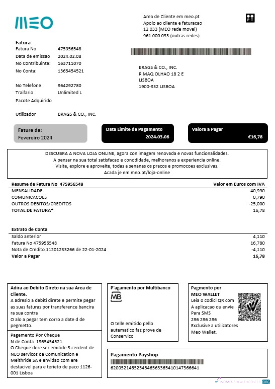 Portugal MEO business utility bill template in Word and PDF formats, fully editable
